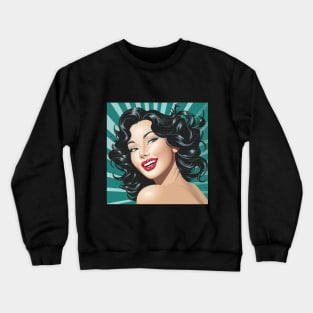 Illustration - Bright Vector Art with a Beautiful Brunette Girl, Red Lipstick, Retro Background, and Radiant Rays Crewneck Sweatshirt